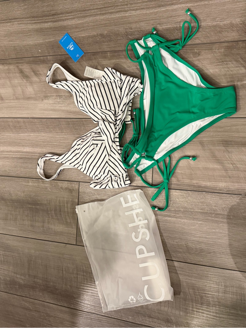 Cupshe Green Tie-Side Bikini Bottom with Striped White Twist Top